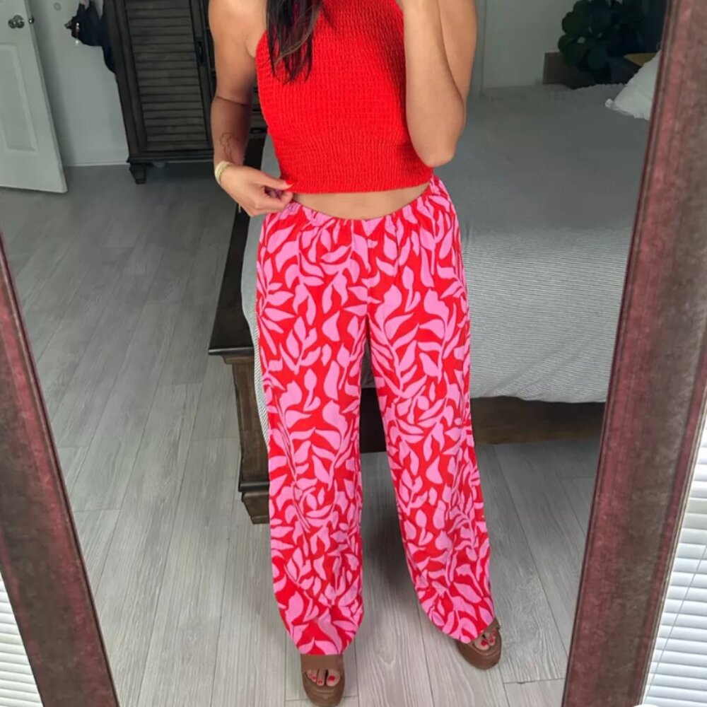 A New Day “Pink/Red Leaf” Pull-On Pants • Swim cover up • Size M • Mid-Rise